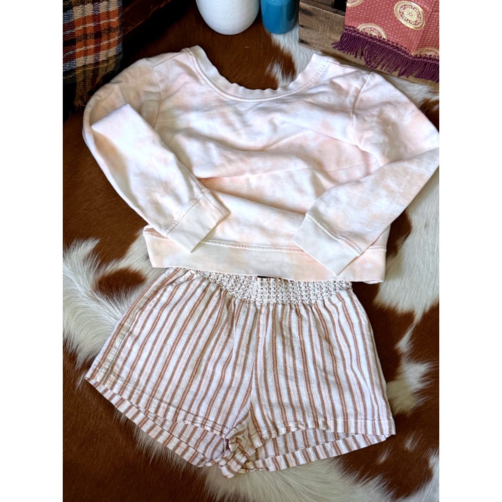 Linen White Beige Pink Striped Smocked Waist Shorts Boho Summer Beach Casual Sm - Picture 8 of 8